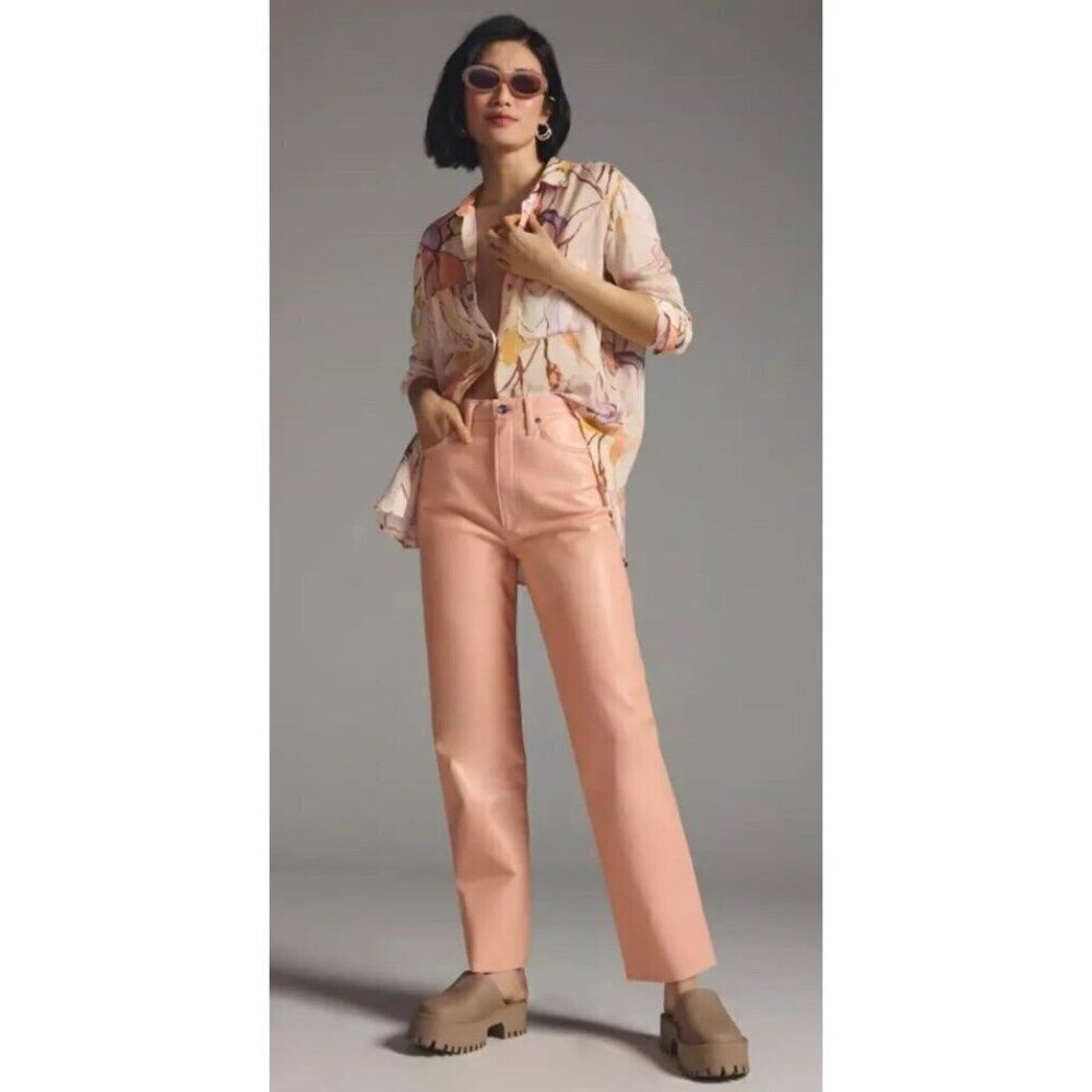 NEW AGOLDE Anthropologie '90s Pinch Waist Leather Pants Coral Size 32